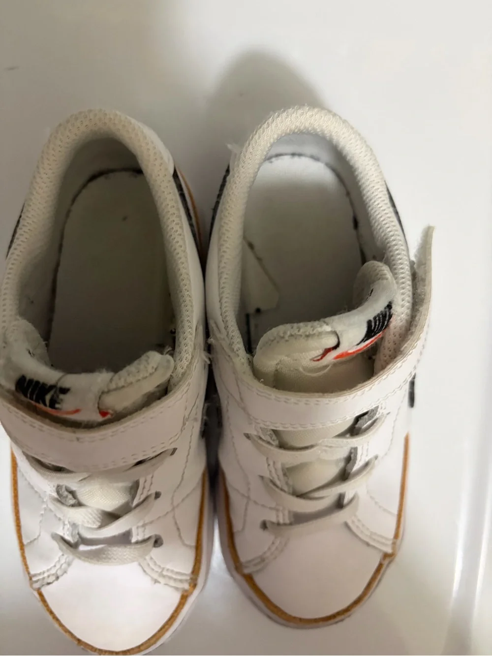 Nike court legacy Kids White Leather Sneakers with Black Swoosh and tan Trim